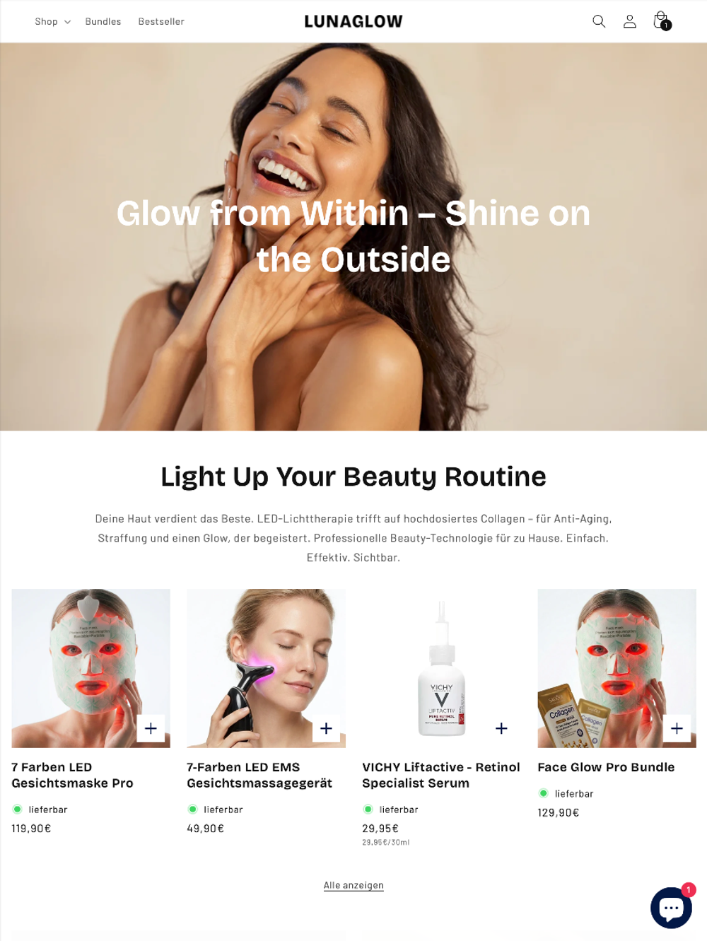 LED-Gesichtsmasken E-Commerce – LunaGlow Shopify Shop Entwicklung